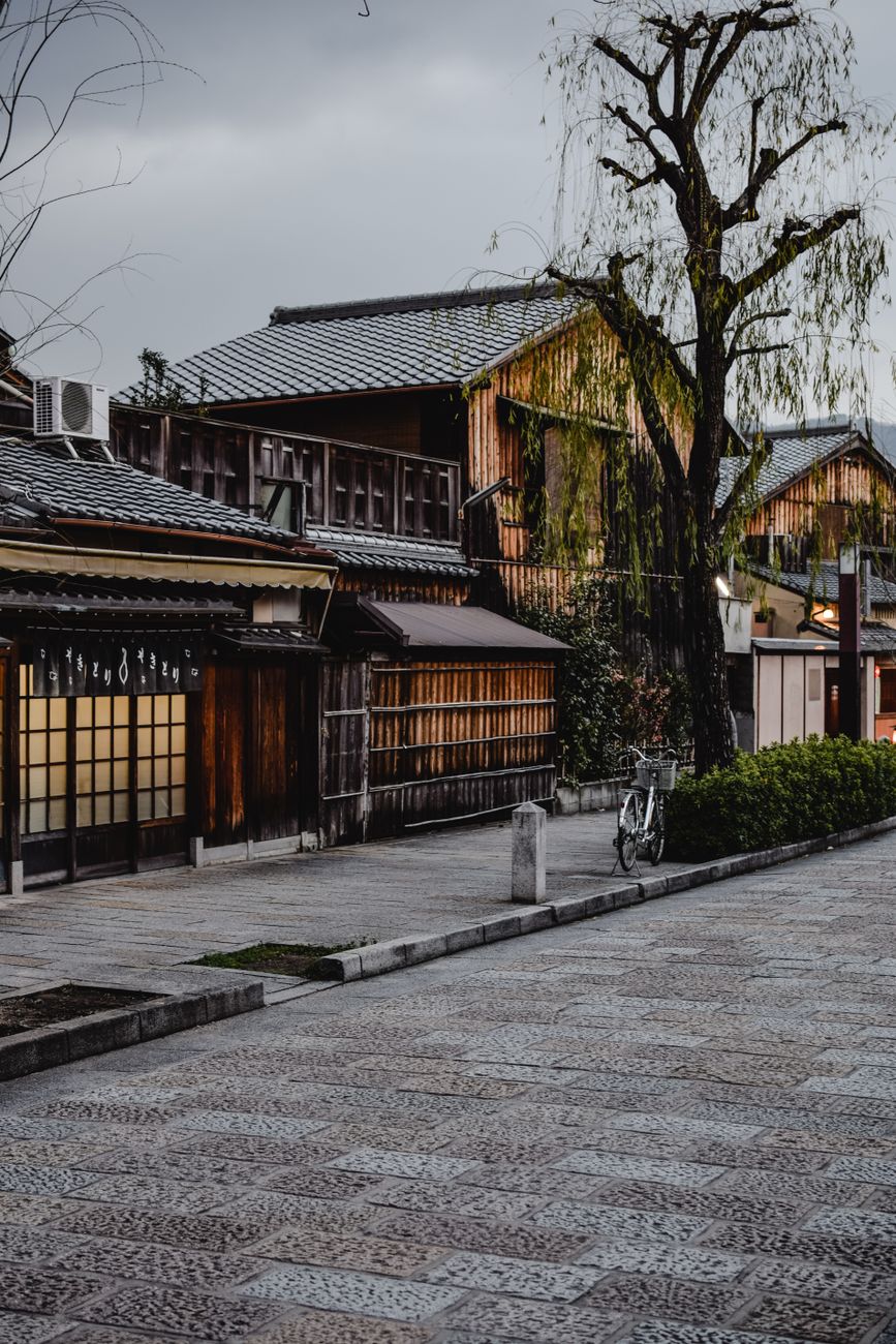Historic Japanese machiya streetscape at twilight